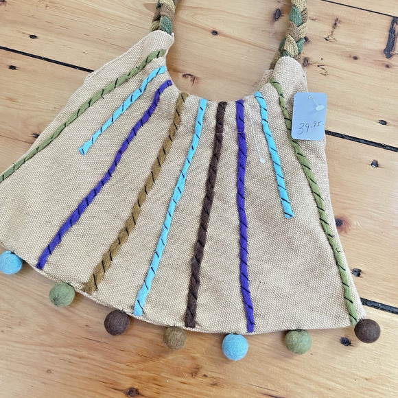 Boho Woven Braided Handle Pom Pom Bag Retro Y2K Cottagecore Purse - Picture 3 of 9